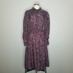 Vintage Boho Cottagecore Patchwork Prairie Dress 14 1970s Polyester Belted Bow